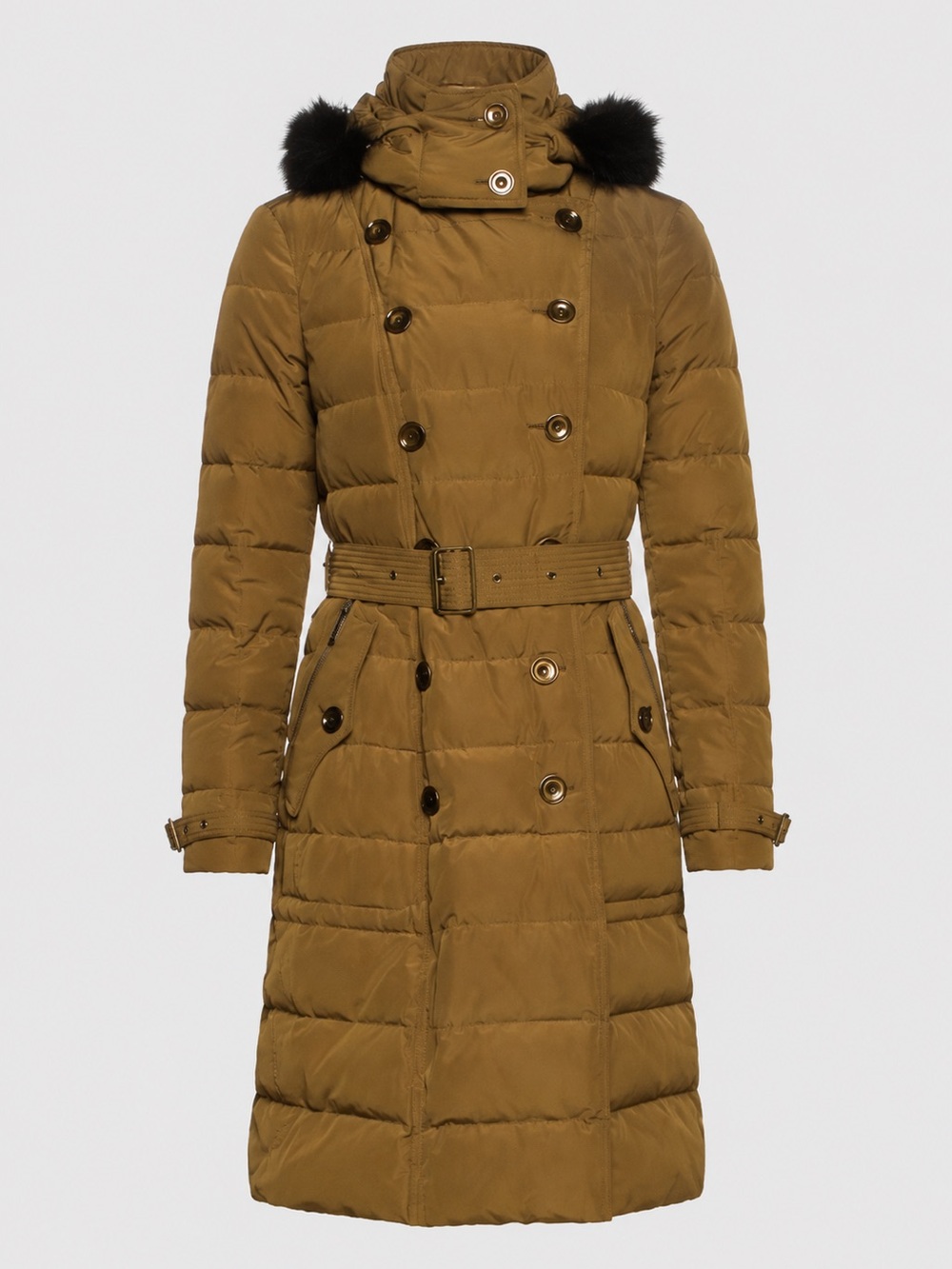 Burberry mid-length nylon Quilted down filled Belted Puffer Coat Fur Hood S 4 6 - Picture 2 of 4